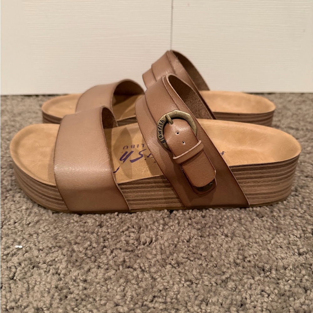Blowfish Tan Double-Strap Platform Slide Sandals